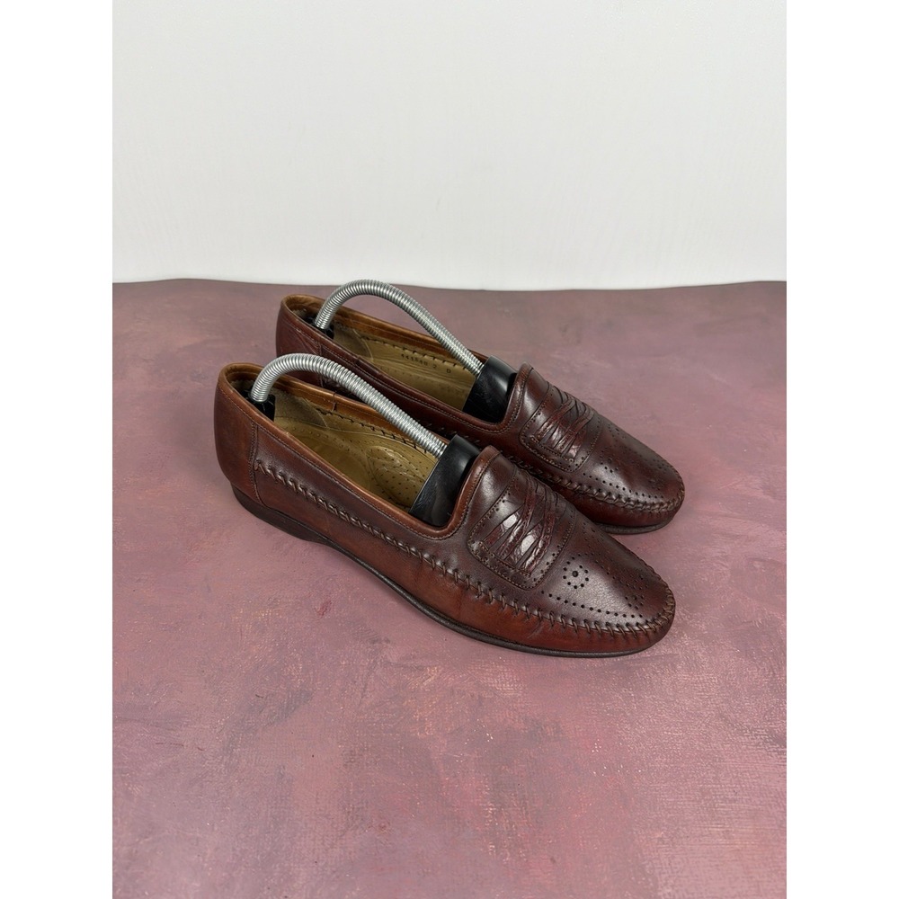 Santoni Cognac Calf Leather Loafer Brogued Moc Shoes 441348‎ Men's 9.5D
